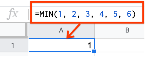 Google Sheets image of MIN function, values separated by commas.