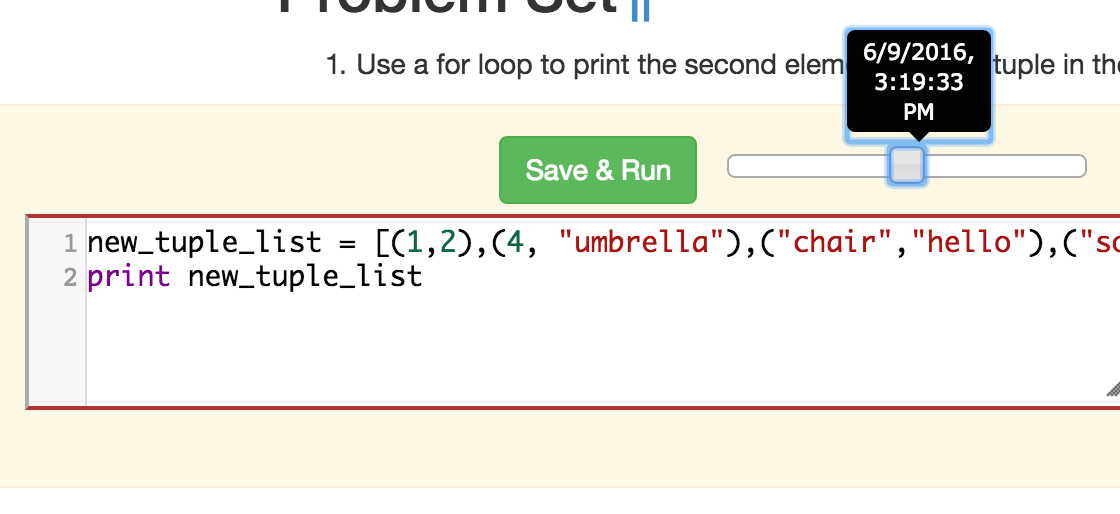 image of a code window, below a bar with save and run on the left and a bar showing a timestamp of last save