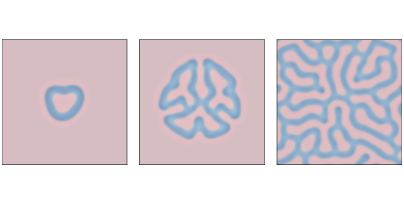 "Figure 9.1: Sand pile model initial state (left), after 200 steps (middle), and 400 steps (right)."