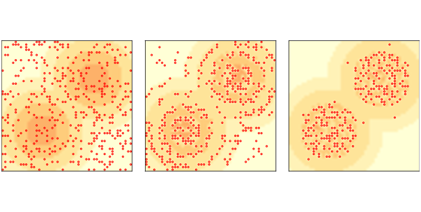 "Figure 11.3: Replication of the original Sugarscape model: initial configuration (left), after 2 steps (middle) and after 100 steps (right)."