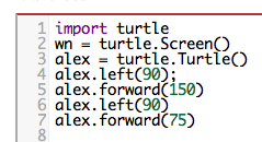 left turn of 90 degrees before drawing,  draw a line 150 pixels long, turn left 90, and draw a line 75 pixels long