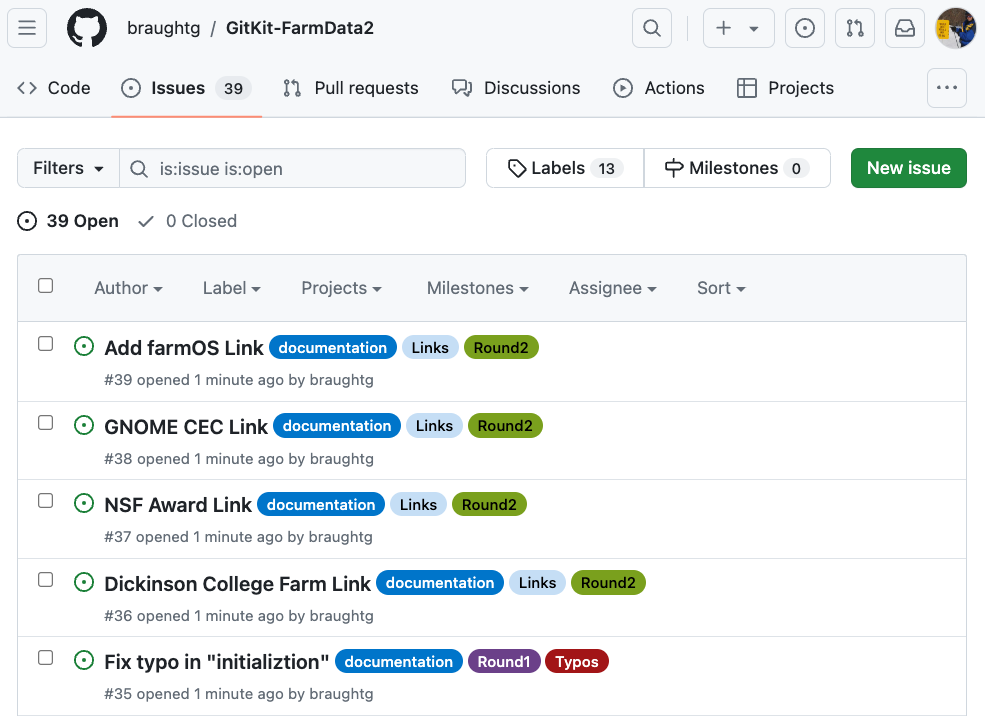 The GitHub issue tracker displaying issues from the GitKit FarmData2 repository.