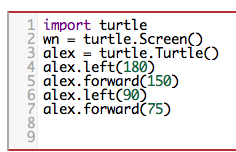 left turn of 180 degrees before drawing, draw a line 150 pixels long, turn left 90, and draw a line 75 pixels long