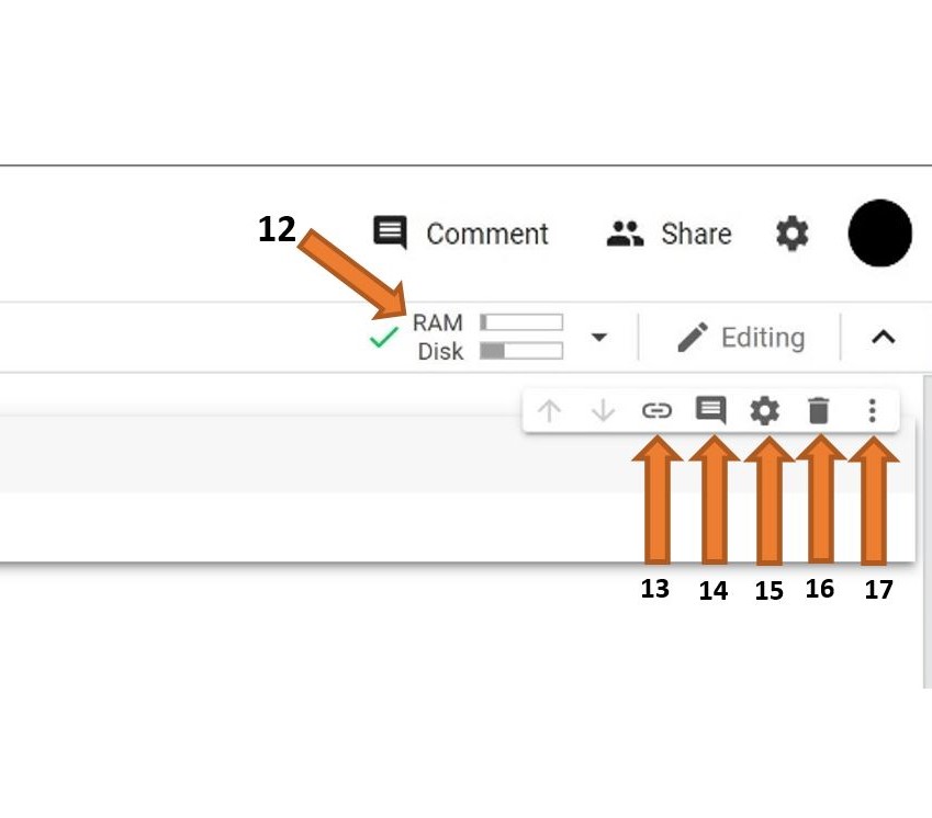 Left side Google Colab notebook with arrows pointing at different features.