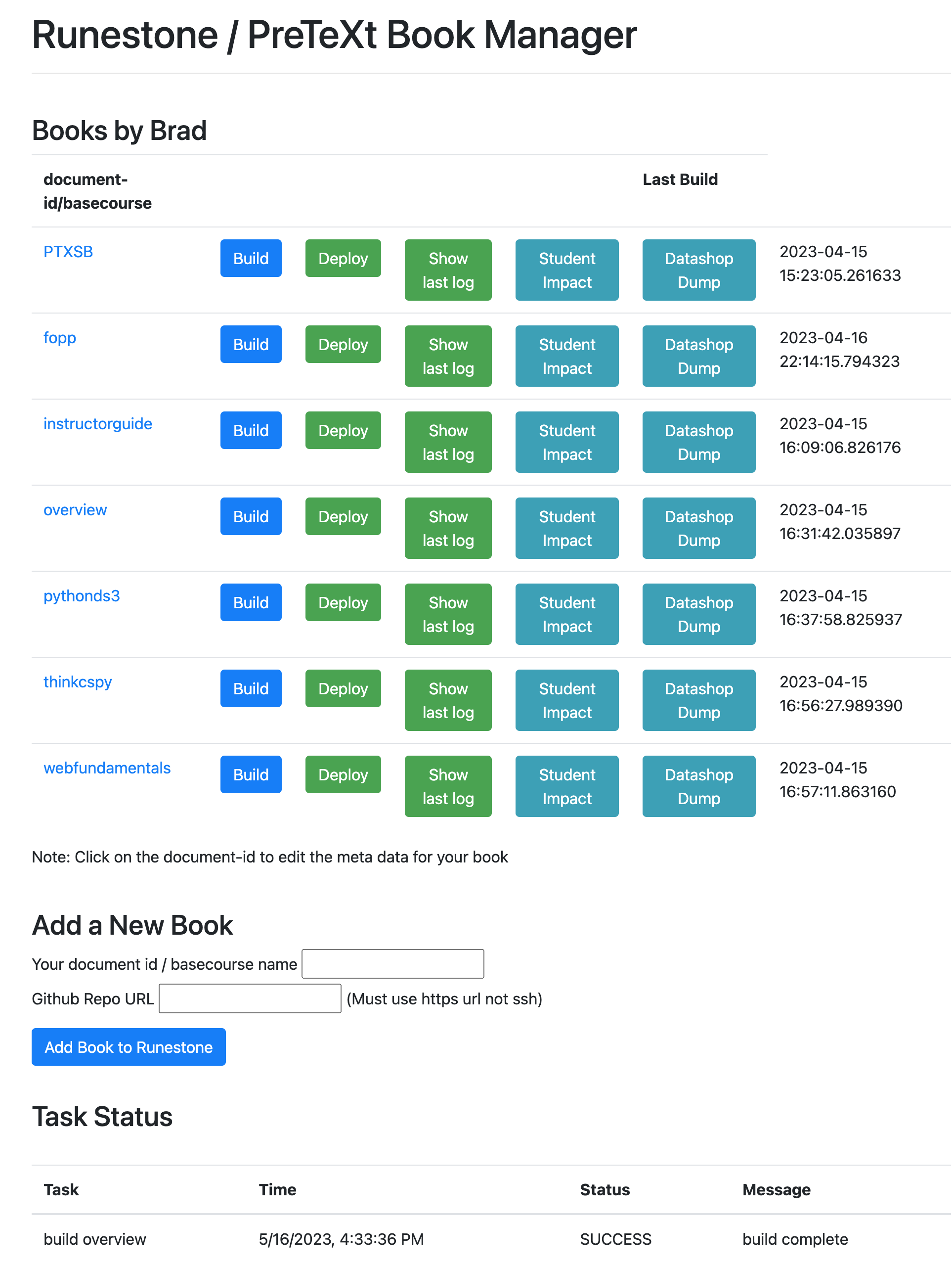 The author interface lets you pull changes from github and rebuild your book.