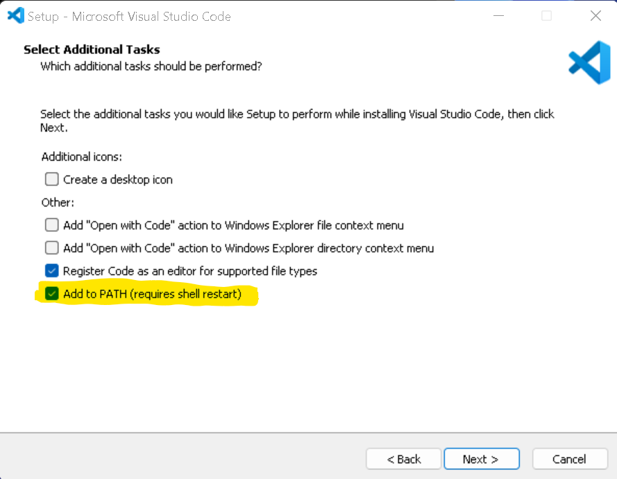 Screenshot of the VSCode installer program, showing where to click to ensure the program is added to the Windows system environment variables