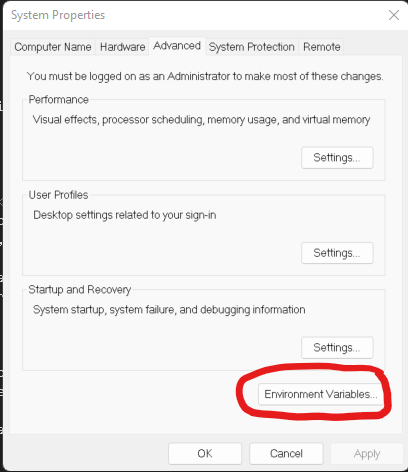 Screenshot of the Windows system property control panel, showing how to access the Environment Variables